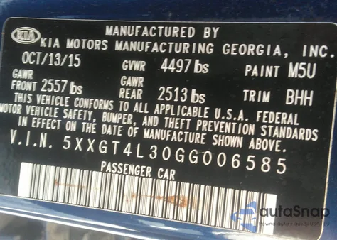 2016 Kia Optima Lx from USA, damaged, VIN 5XXGT4L30GG006585